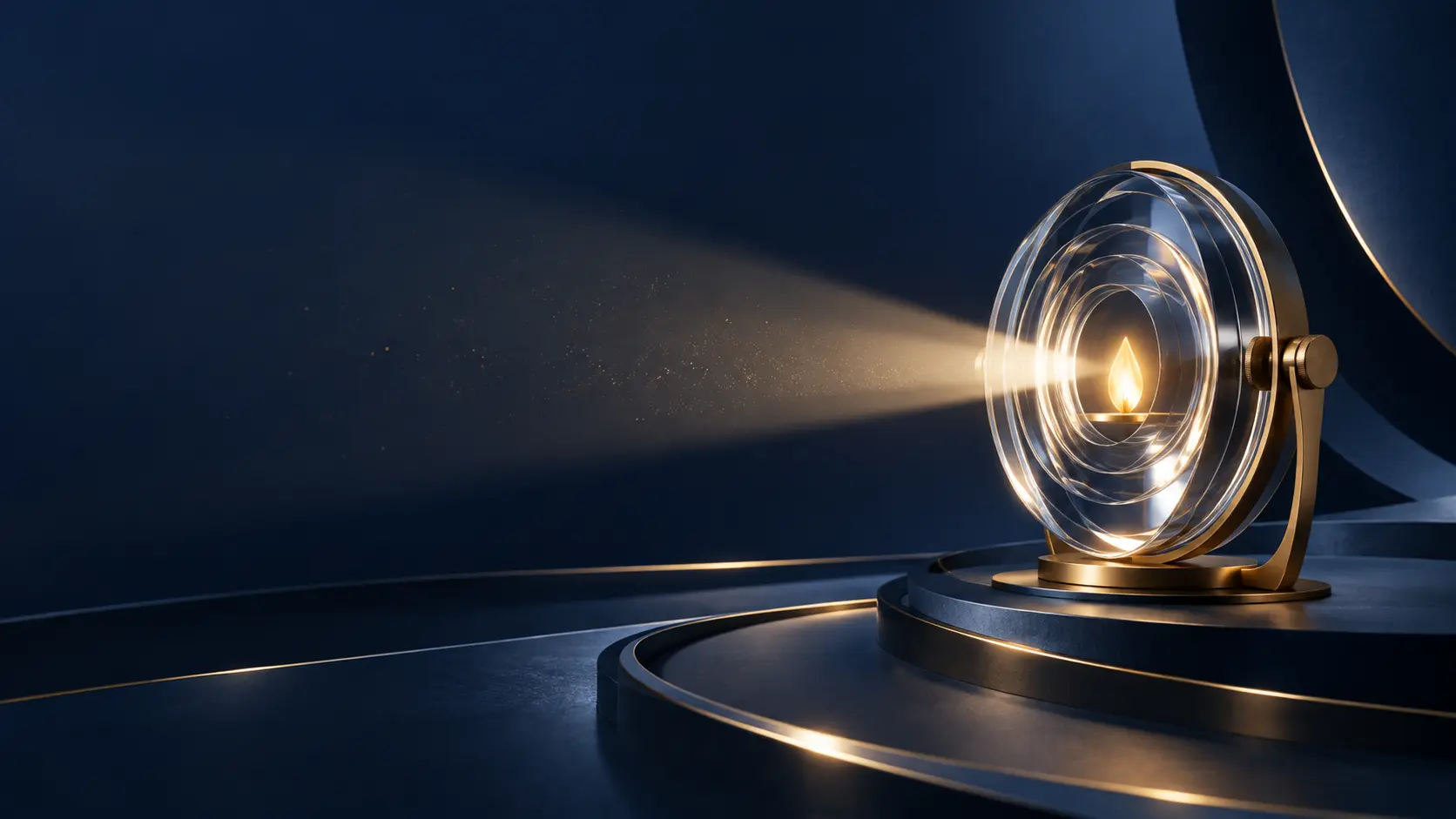 A protected flame shining through a glass lighthouse lens