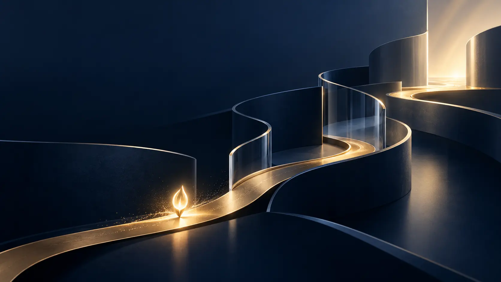 A golden brand light following a path sheltered by curved walls